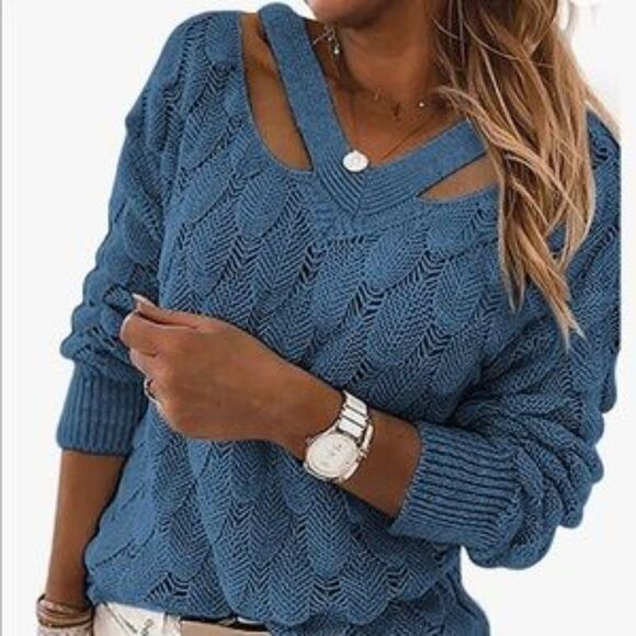 New Unique V Neck Hollow Out Knit Sweater - Picture 6 of 11